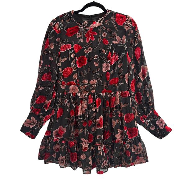 Fate Womens‎ Large Floral Velvet Mini Dress Sheer Romantic Cottagecore - Picture 2 of 13